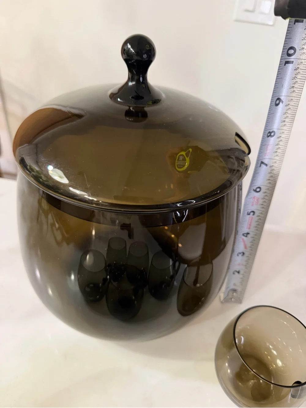 Vintage MCM Smoky Glass Punch Bowl Set with Lidded Centerpiece and 6 cups